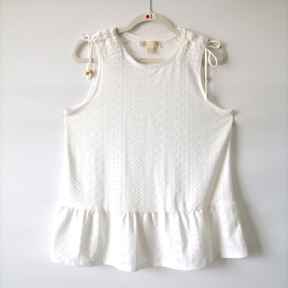 Michael Kors Womens White Round Neck Eyelet Smocked Tank Blouse Top Size M